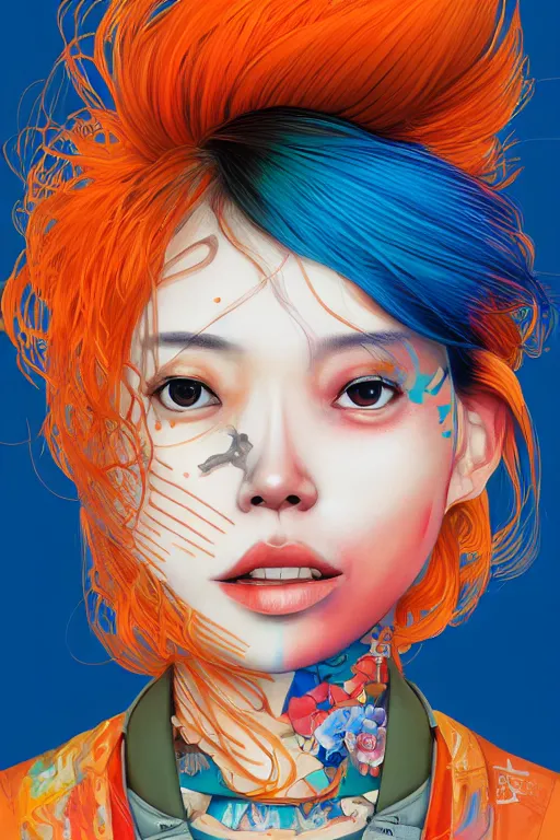Prompt: a award winning half body portrait of a beautiful woman in a croptop and cargo pants with ombre orange blue teal hairstyle with head in motion and hair flying by yoshii chie and hikari shimoda and martine johanna and will eisner, outrun, vaporware, digital art, trending on artstation, highly detailed, fine detail, intricate