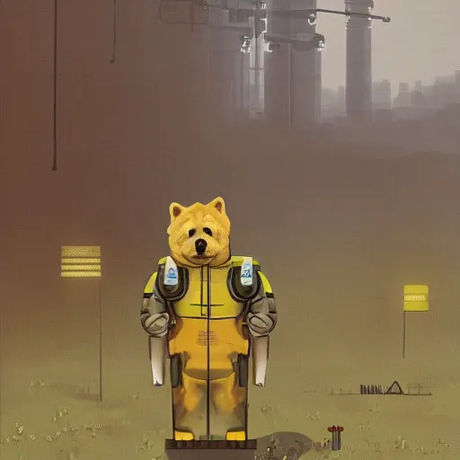 Prompt: a chow chow in a mech suit in the style of simon stalenhag