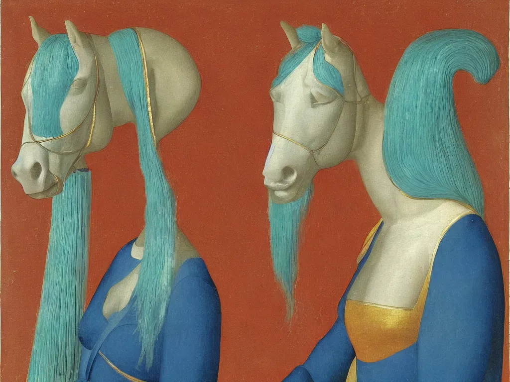 Image similar to portrait of woman with horse head. lapis lazuli, malachite, turqouise, gold. painting by piero della francesca, balthus, agnes pelton