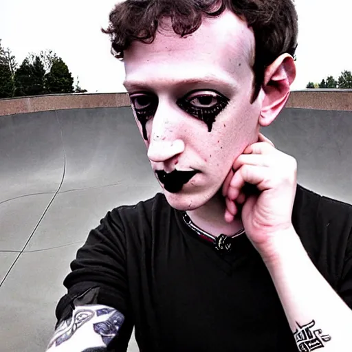 Prompt: goth mark zuckerberg choker necklace punk rock dark lipstick eyeliner at the skatepark