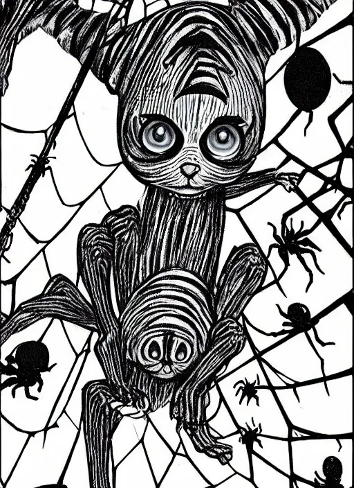 Prompt: a cat with spider legs and spider eyes, walking towards camera, highly detailed, by junji ito.