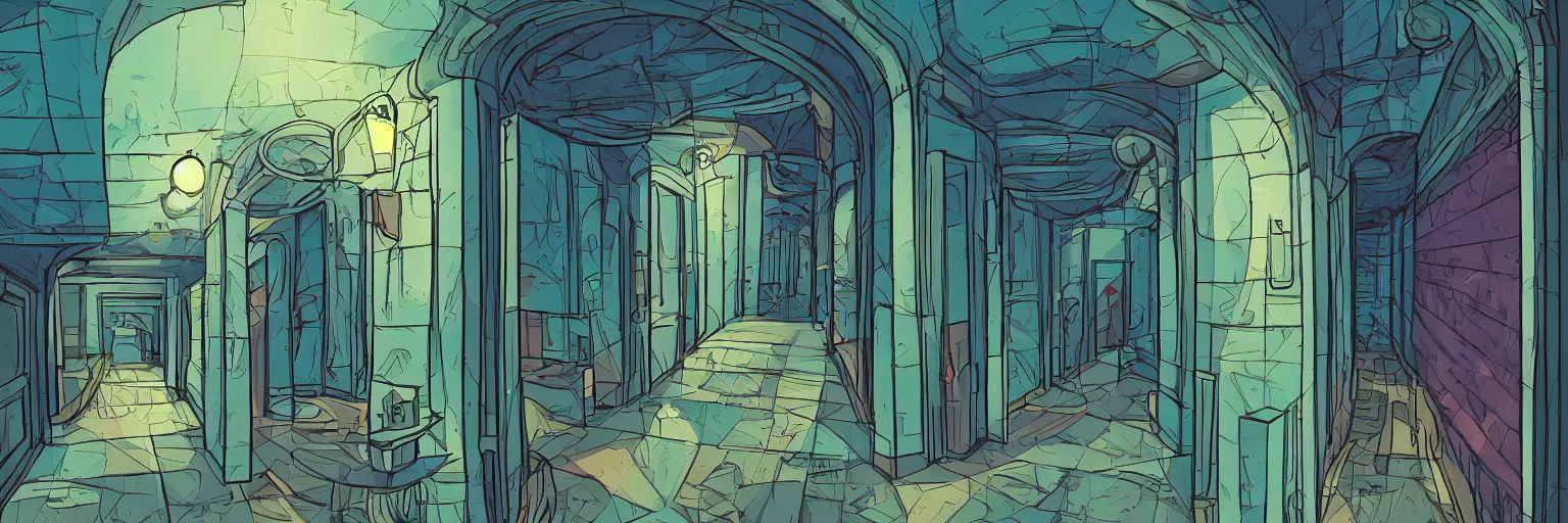 Prompt: theatre access corridor background, 3 doors, fish eye, color, vibrant, flat style, Peter Chan\'s original background art.