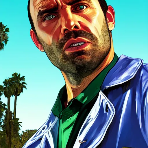 Prompt: Billy Butcher in GTA V, cover art by Stephen Bliss, artstation