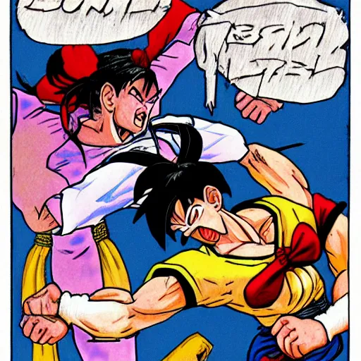 Prompt: chun li fighting goku in street fighter v by gary larson
