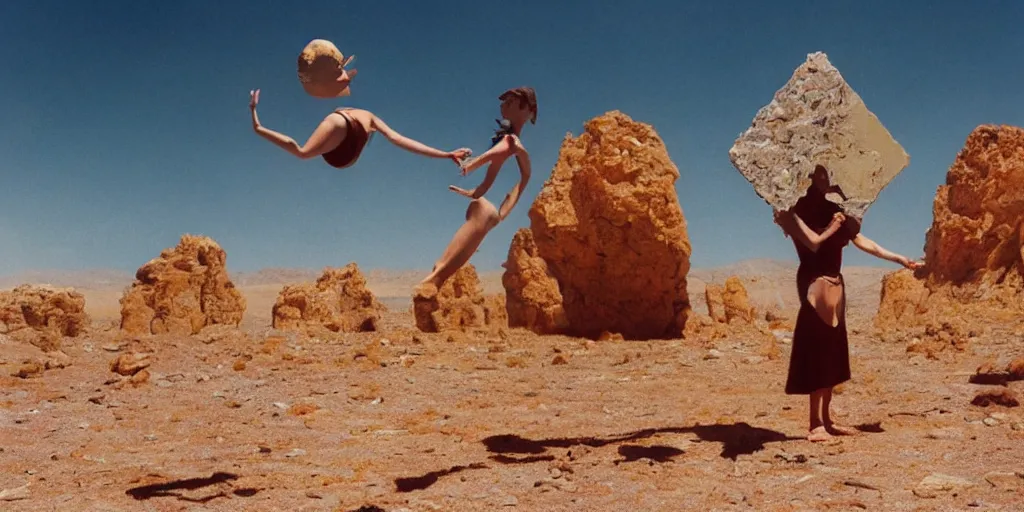 Image similar to levitating woman with full - face golden mask in a dry rocky desert landscape, visible sky and sunny atmosphere, floating rocks, flying rocks and fata morgana and giant square mirrors by alejandro jodorowsky, anamorphic lens, kodakchrome, practical effects, masterpiece, 8 k