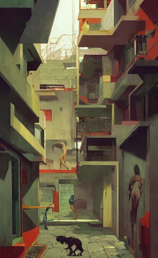 Image similar to Inside a Favela, very coherent, painted by Edward Hopper, Wayne Barlowe, painted by James Gilleard, airbrush, art by JamesJean