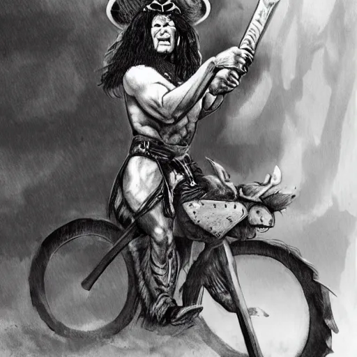 Image similar to conan the barbarian on a bicycle smoking a pipe in a sombrero, photorealistic