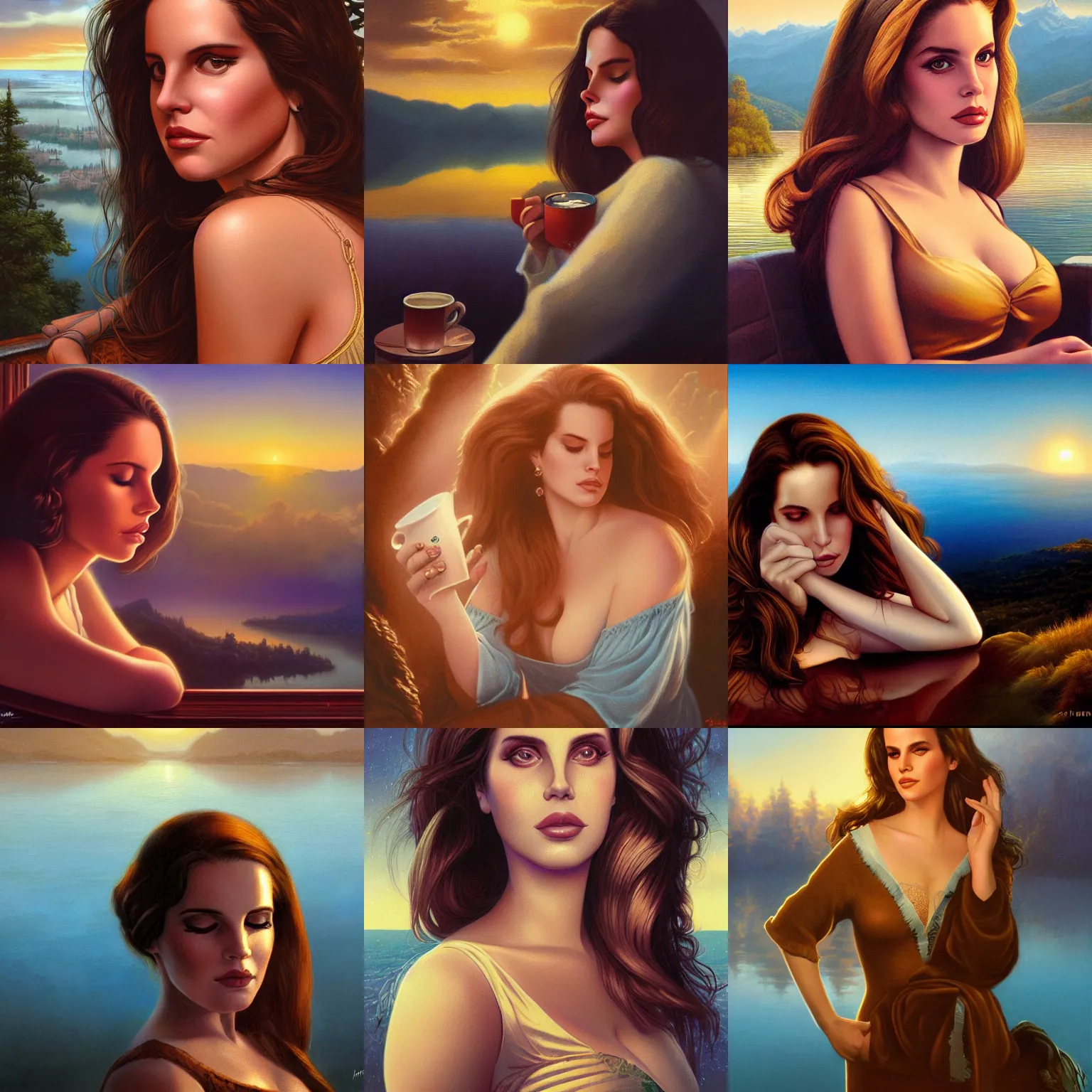 Prompt: close - up portrait of sleepy lana del rey, morning golden hour, steaming coffee, mystical lake view vista, mark brooks, ralph horsley