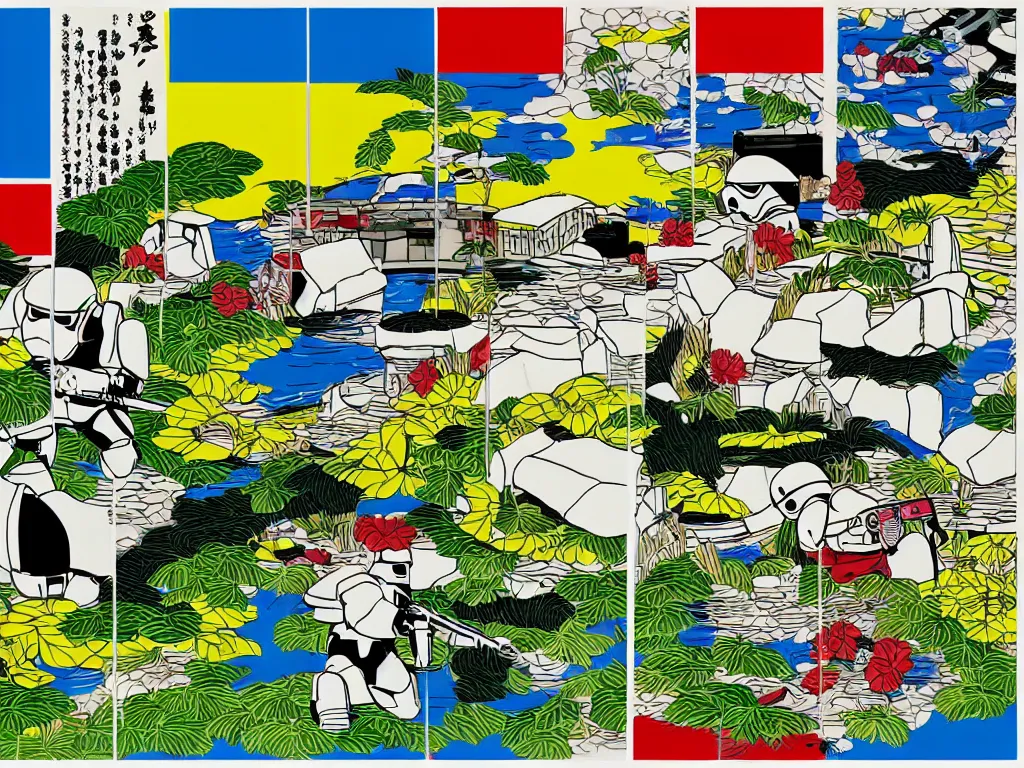 Prompt: detailed composition of the japanese home with a garden and a pond, 2 stormtroopers sitting around it, pop - art style, jacky tsai style, andy warhol style, roy lichtenstein style, rich palette, acrylic on canvas