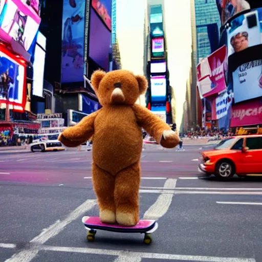 Prompt: a photo of a teddy bear riding a skateboard in Times Square