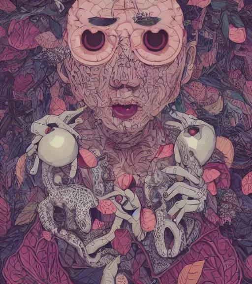 Prompt: portrait, nightmare anomalies, leaves with fishballs by miyazaki, violet and pink and white palette, illustration, kenneth blom, mental alchemy, james jean, pablo amaringo, naudline pierre, contemporary art, hyper detailed