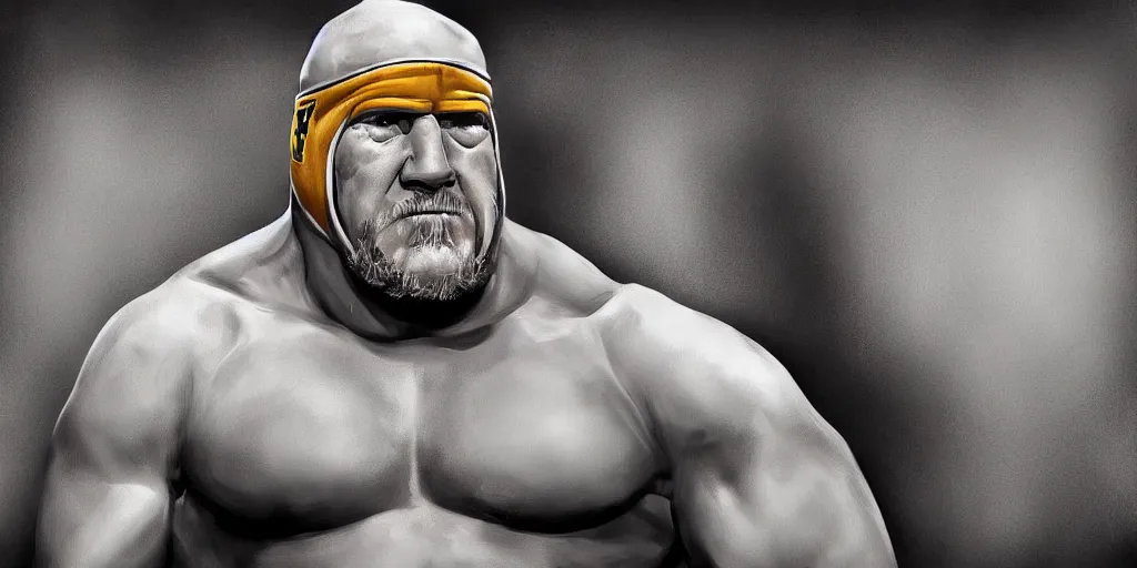 Image similar to wrestler hogan, digital painting, highly detailed, trending on artstation, high resolution, medium shot, low angle