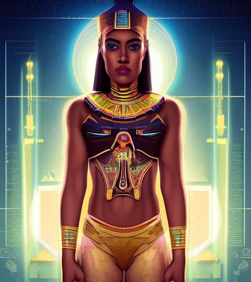 Image similar to symmetry!! egyptian princess of technology, solid cube of light, hard edges, product render retro - futuristic poster scifi, lasers and neon circuits, beautiful brown skin woman egyptian princess, intricate, elegant, highly detailed, digital painting, artstation, concept art, smooth, sharp focus, illustration, dreamlike, art by artgerm