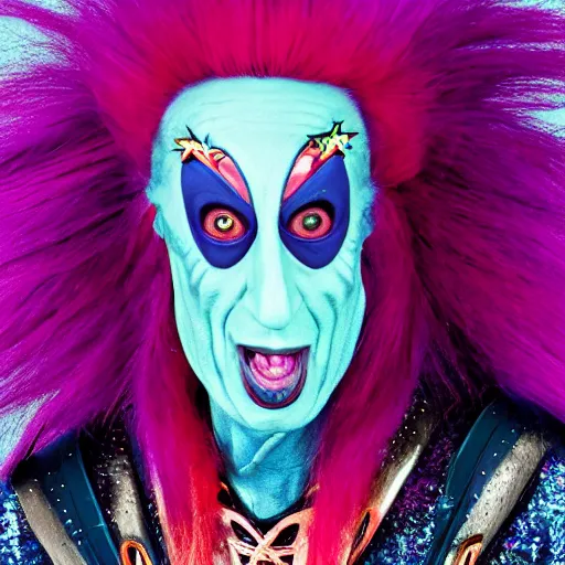 Image similar to UHD color candid photo of Dee Snider dressed as cosmic Freakazoid, accurate face, vivid colors, UHD photorealistic correct face photo by Annie Leibowitz