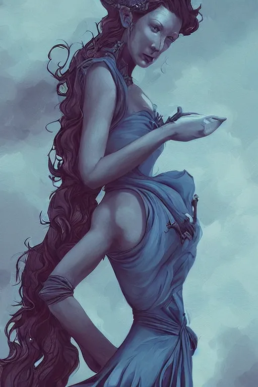 Image similar to in the style of peter mohrbacher, artgerm, beautiful caitriona balfe, outlander, full body, blue dress, elegant pose, middle shot, spooky, detailed realisitc eyes, detailed realistic eyes, detailed and intricate