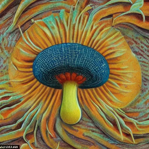 Prompt: the spore-bearing fruiting body of a fungus, typically in the form of a rounded multicolor cap on a relief stalk, especially one that is believed to be inedible or poisonous, fantasy art