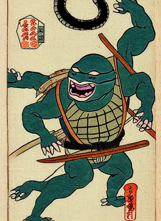 Prompt: a ninja turtle as a yokai illustrated by kawanabe kyosai and toriyama sekien