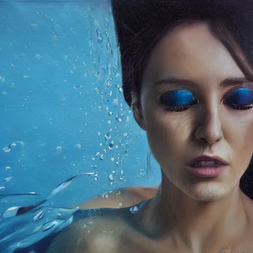 Image similar to fashion model crying underwater, hyperrealism oil painting