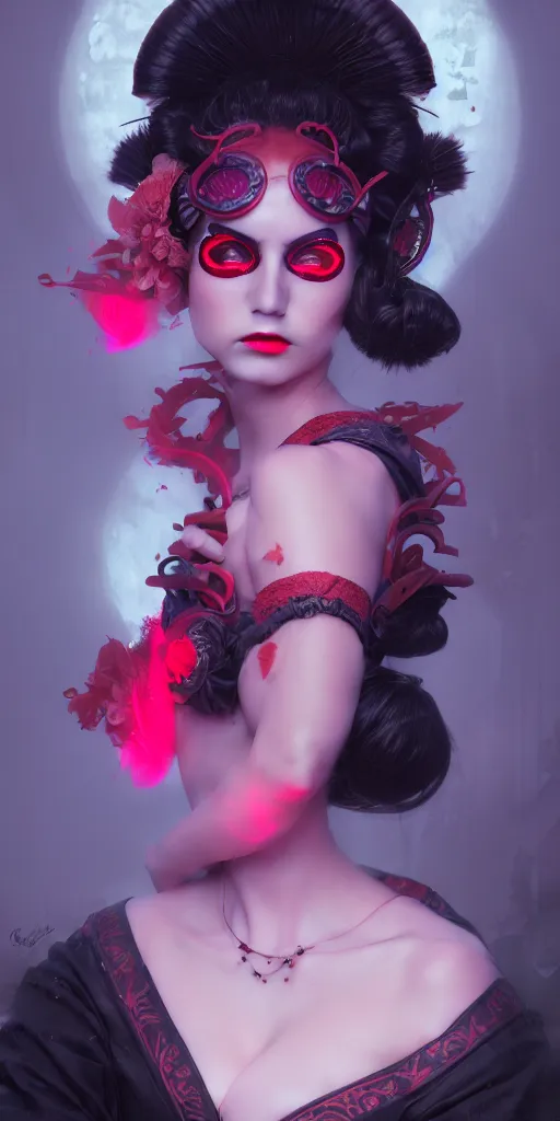 Image similar to lolita, alterd carbon, vampre the masquerade, geisha, neon, atmospheric, detailed intricate render, fibbonacci, dark atmosphere, detailed illustration, hd, 4 k, digital art, overdetailed art, surrealistic, by greg rutkowski, by loish, complementing colors, trending on artstation, deviantart