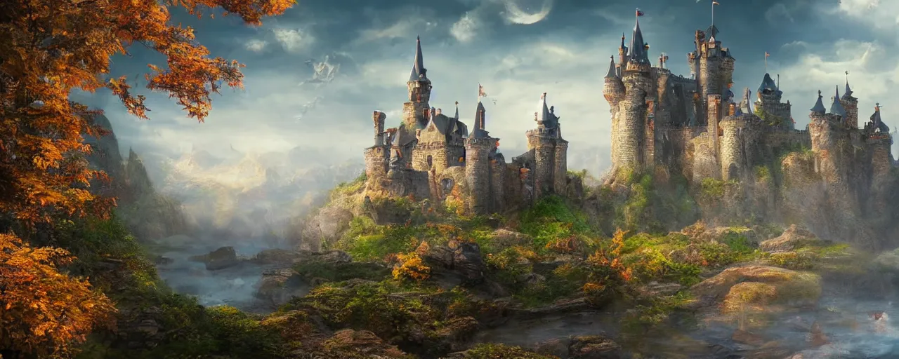 Image similar to A dream fantasy landscape with a castle, highly detailed, hyper realistic, 4k