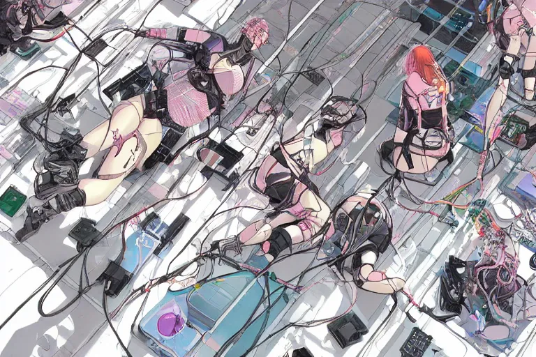 Image similar to a cyberpunk illustration of a group of four coherent cutely dressed female androids in style of masamune shirow, lying scattered across an empty, white floor with their bodies rotated in different poses and cables and wires coming out, by yukito kishiro and katsuhiro otomo, hyper-detailed, intricate, view from above, colorful