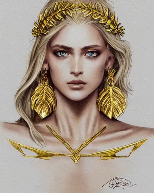 Image similar to tattoo design sketch of cute beautiful blonde super model as aphrodite greek goddess wearing a gold laurel wreath and triangle earrings, beautiful piercing gaze with sharp pupils, in the style of greg rutkowski, fantasy, amazing detail, epic, elegant, smooth, sharp focus, front view