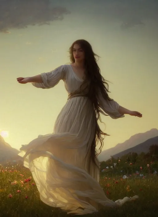 Prompt: oil painting portrait of a young woman with long flowing hair in a white dress, levitating floating over a field of flowers at sunset with mountains in the background, hazy, digital art, chiaroscuro, artstation, cinematic, golden hour, digital art painting by greg rutkowski, william - adolphe bouguereau, lu ji, hazy atmosphere, flowers, cinematic lighting