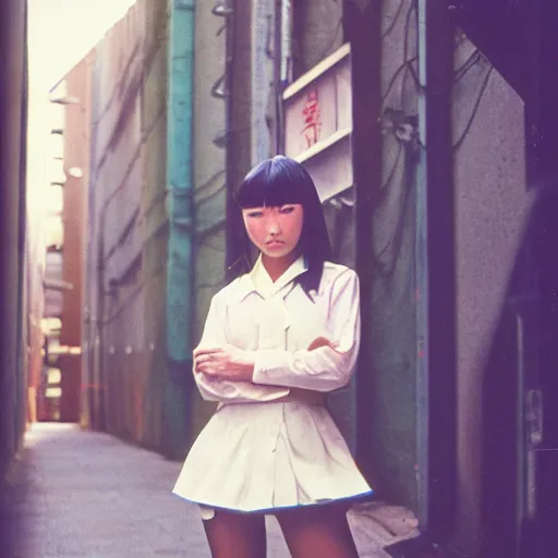 Prompt: 1970s perfect 8K HD professional photo of close-up japanese schoolgirl posing in sci-fi dystopian alleyway, at instagram, Behance, Adobe Lightroom, with instagram filters, depth of field, taken with polaroid kodak portra