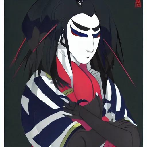 Image similar to portrait of man wearing the kabuki mask, anime fantasy illustration by tomoyuki yamasaki, kyoto studio, madhouse, ufotable, trending on artstation