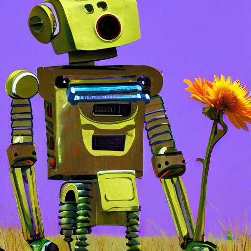 Prompt: a robot made from computer scraps admiring a flower in a wasteland, realistic painting, golden ratio, 8k