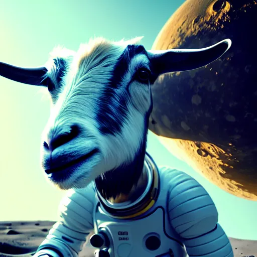 Image similar to professional photo goat on four feet in astronaut suit on the moon, closeup shot, hyperrealistic masterpiece, trending on artstation, cgsociety, kodakchrome, golden ratio, cinematic, composition, beautiful lighting, hyper detailed, sharp focus, octane render, 4 k, unreal engine