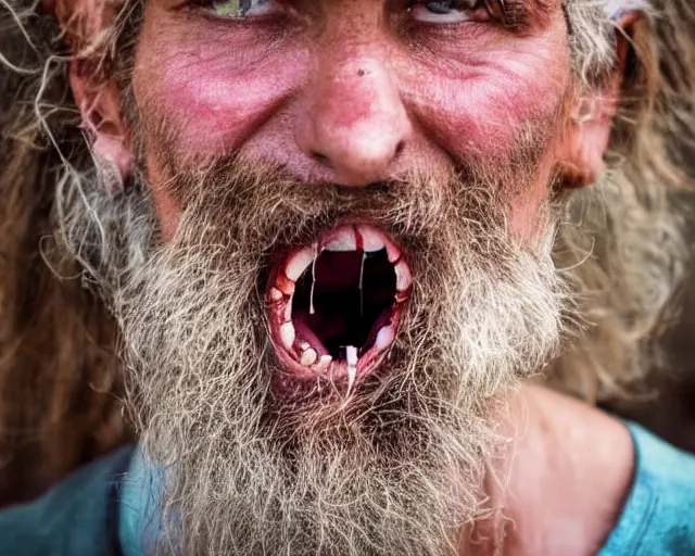 Image similar to a mouth full of bacteria. cursed image. realistic photograph. homeless man.