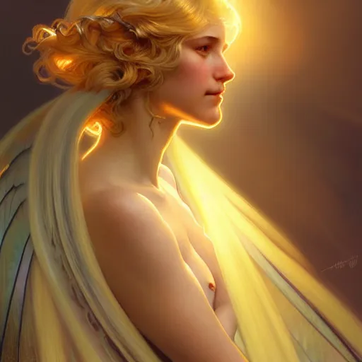 Image similar to Portrait of a girl with blonde hair, a glowing halo, a sheer translucent vale, huge highly detailed wings, fantasy, intricate, elegant, highly detailed, digital painting, artstation, concept art, smooth, sharp focus, illustration, art by Krenz Cushart and Artem Demura and alphonse mucha