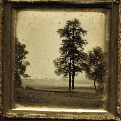 Prompt: landscape photograph from the 1700s, faded, blurry, first ever photograph