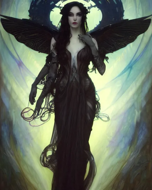 Image similar to daniel gerhartz, wlop, tom bagshaw, alfons mucha, detailed portrait digital painting of a beautiful serious villainess wearing fantasy clothing like liliana vess, villainess has black angel wings, evil mood, hellish battlefield in the background, embers flying, unreal engine, hyper realism, realistic shading, cinematic composition, blender render, ultrawide shot