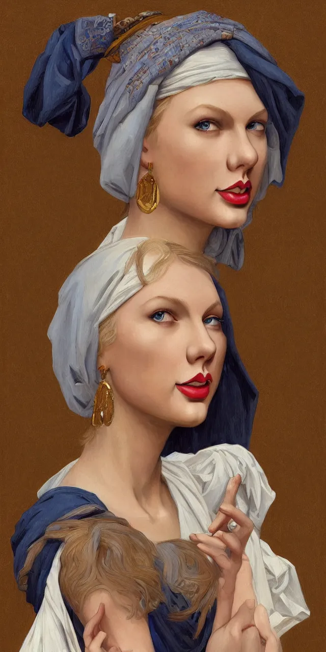 Image similar to Taylor Swift as the girl with the pearl earring, highly detailed, digital painting, artstation, concept art, smooth, sharp focus, illustration, ArtStation, art by artgerm and greg rutkowski and alphonse mucha and J. C. Leyendecker and Edmund Blair Leighton and Katsuhiro Otomo and Geof Darrow and Phil hale and Ashley wood and Ilya repin and Charlie Bowater