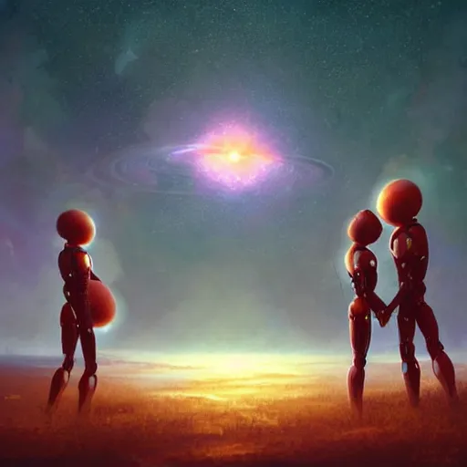 Prompt: digital painting of two humanoid robots hugging each other, supernova in the background, stars and planets and galaxy, stunning, surreal, cinematic lighting, concept art by greg rutkowski and simon stalenhag