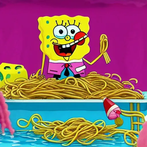 Prompt: spongebob squarepants swimming in a pool full of spaghetti, realistic, scary