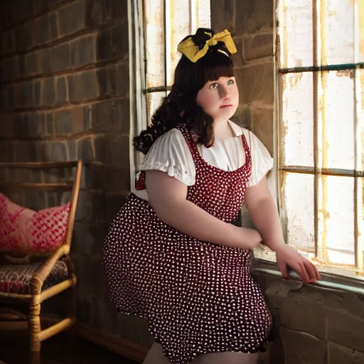 Image similar to charming and chubby girl, wearing a polka dot dress and a victorian - style hairdo on her head, sits in the large and bright studio. sunlight enters through the barred window. very realistic shiny skin. subsurface scattering shiny skin. beautiful lighting, 4 k post - processing, highly detailed, 5 k extremely detailed, 3 d. cinematic scene.