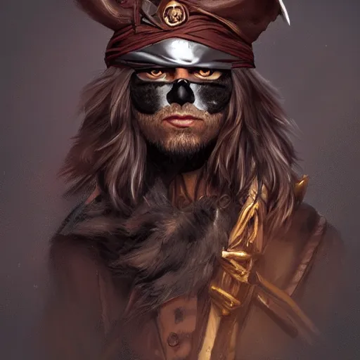 Image similar to portrait, male humanoid black cat, eye patch on one eye, black fur, pirate, doctor, pirate clothes, d & d, fantasy, intricate, elegant, highly detailed, digital painting, artstation, concept art, matte, sharp focus, illustration, art by artgerm and greg rutkowski and alphonse mucha