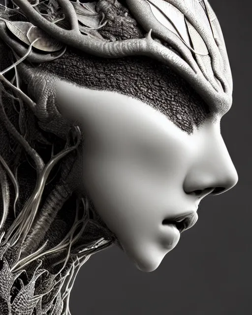 Image similar to bw close - up profile face, black background, beautiful porcelain vegetal dragon cyborg young female, 1 5 0 mm, beautiful natural soft rim light, silver gold details, magnolia leaves and stems, roots, fine lace, mandelbot fractal, elegant, ultra detailed, white metallic armour, octane render, h. r. giger style