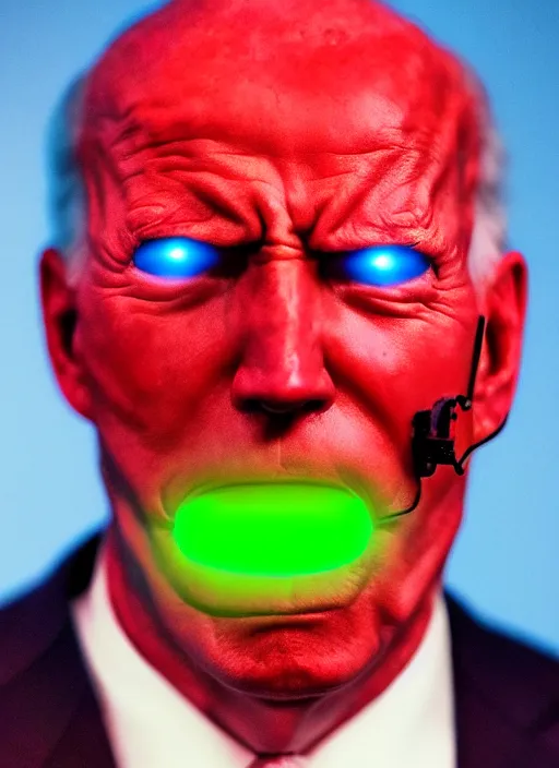 Image similar to hyper realistic ultra realistic cyborg photo Doom horror furious glowing red eyes biden