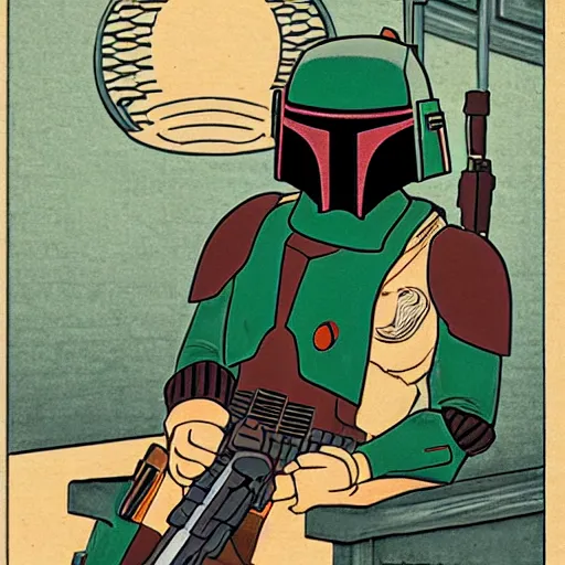 Image similar to boba fett at a cantina, ukio-e artstyle