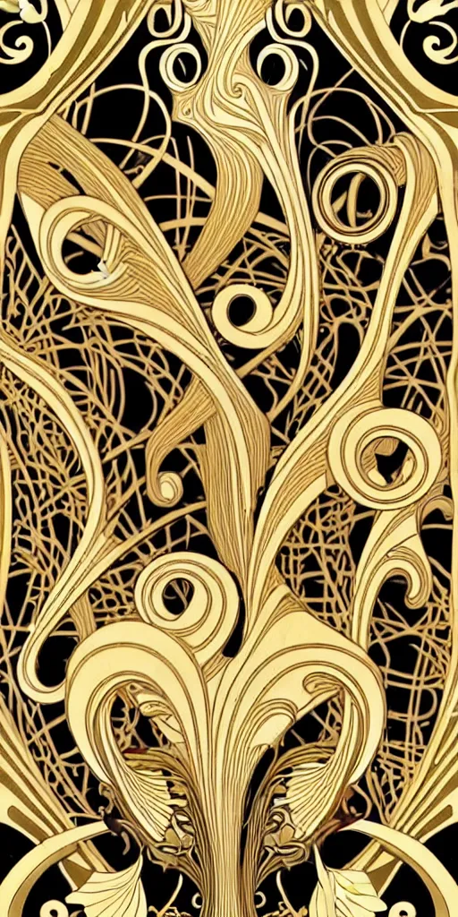 Prompt: the source of future growth dramatic, elaborate emotive Art Nouveau styles to emphasise beauty as a transcendental, seamless pattern, symmetrical, large motifs, hyper realistic, 8k image, 3D, supersharp, Art nouveau curves spirals and swirls, goldplated surfaces, Flying silk fabric, glittery iridescent and black and gold colors , pastel colors, perfect symmetry, iridescent, High Definition, sci-fi, Octane render in Maya and Houdini, light, shadows, reflections, photorealistic, masterpiece, smooth gradients, high contrast, no blur, sharp focus, photorealistic, insanely detailed and intricate, cinematic lighting, Octane render, epic scene, 8K