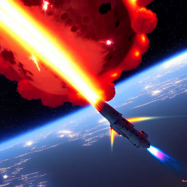 Image similar to a photo the last battleship attacks the planet killer superweapon in space, explosions, lasers, photorealistic, chuckcheese render by tomino - sama