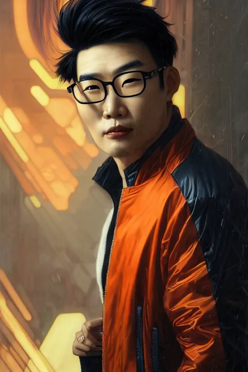 Image similar to an east asian man with short black hair, broad shoulders, thick round spectacles, wearing a bright orange bomber jacket, seductive cyberpunk dark fantasy, art by artgerm and karol bak and moebius and alphonse mucha and greg rutkowski, hyperdetailed, ultrarealistic, octane render