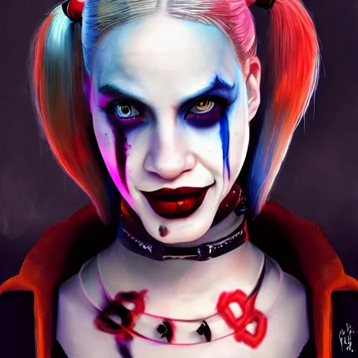 Image similar to Harley Quinn from the suicide squad, smiling, portrait, fantasy, medieval, beautiful face, vivid colrs, elegant, concept art, sharp focus, digital art, Hyper-realistic, 4K, Unreal Engine, Highly Detailed, HD, Dramatic Lighting by Brom, trending on Artstation