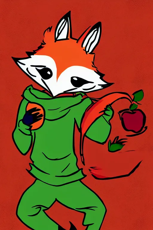 Image similar to Cartoon Fox dressed like a hooded rogue, holding an apple, digital art, trending on artstation, stacy boisvert