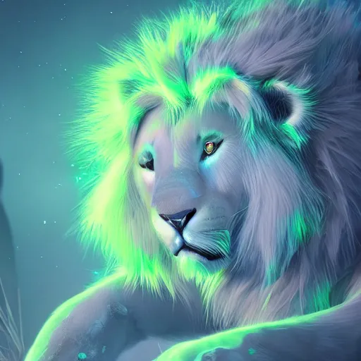 Prompt: bioluminescent cute furry lion on a dreamy biome of oddities, enchanted, magical, fantasy, hyper realism, intricate, digital art, detailed, studio shot, unreal engine 5, octane, high definition, smooth, artstation, behance