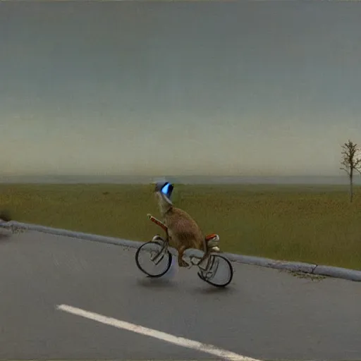 Image similar to rabbit riding a bike on the road, there is a car in front, by michael sowa.